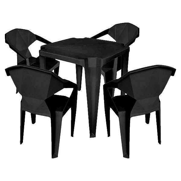 Kit Mesa Quadrada Monobloco Preto Com 4 Cadeiras Futurista
