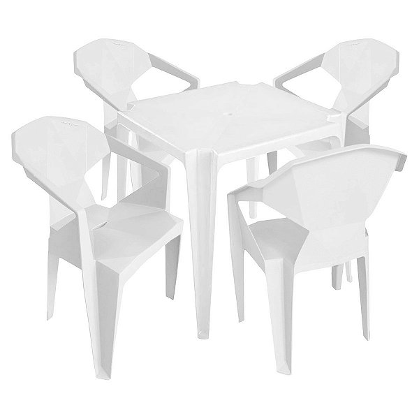 Conjunto Mesa E 4 Cadeiras Poltrona Plastico Branco 3 Jogos