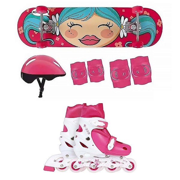Kit Skate Infantil Menina C/Capacete +Patins Infantil Rosa M