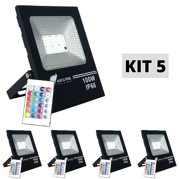 Kit 5 Refletor Led 100w Rgb Colorido Ip66 Externo