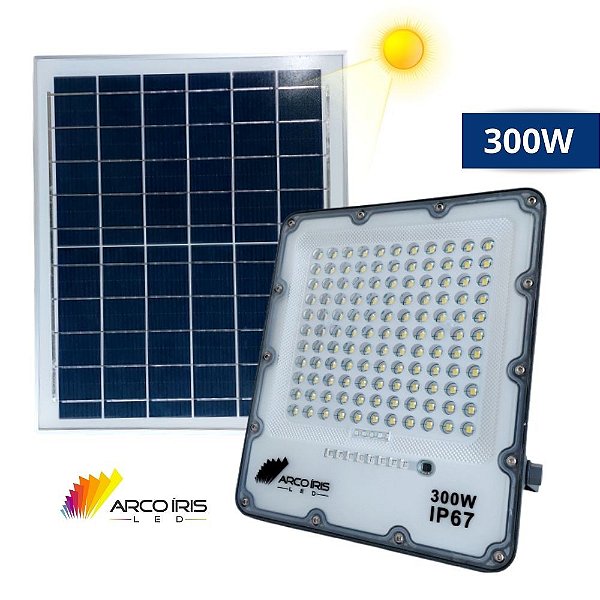 Refletor Led Solar 300w Com Placa Luz Branco Frio Ip67 - 82955 - ARCO ÍRIS  LED