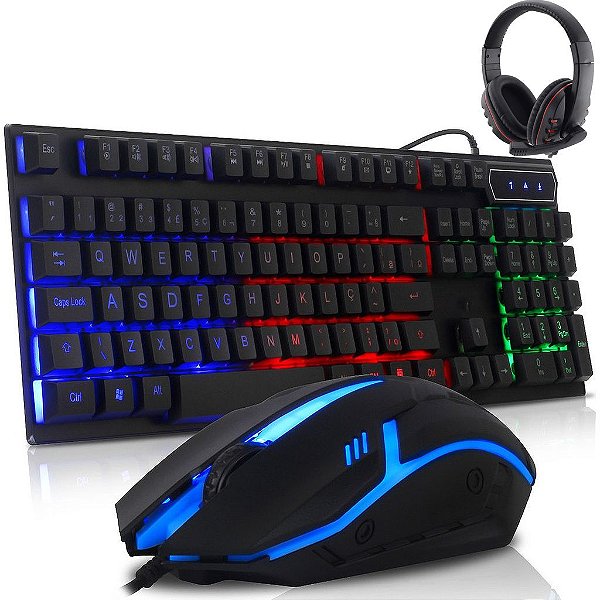 Kit Teclado Gamer Semi Mecânico com Fone Headset Mouse PC Notebook Vídeo Game - 82793