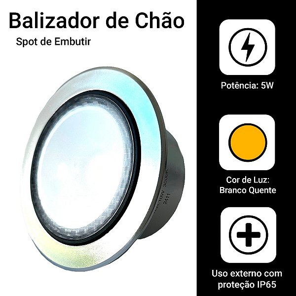 Balizador 10w Spot Led Embutir Chão Prata Branco Quente IP66 - 81302
