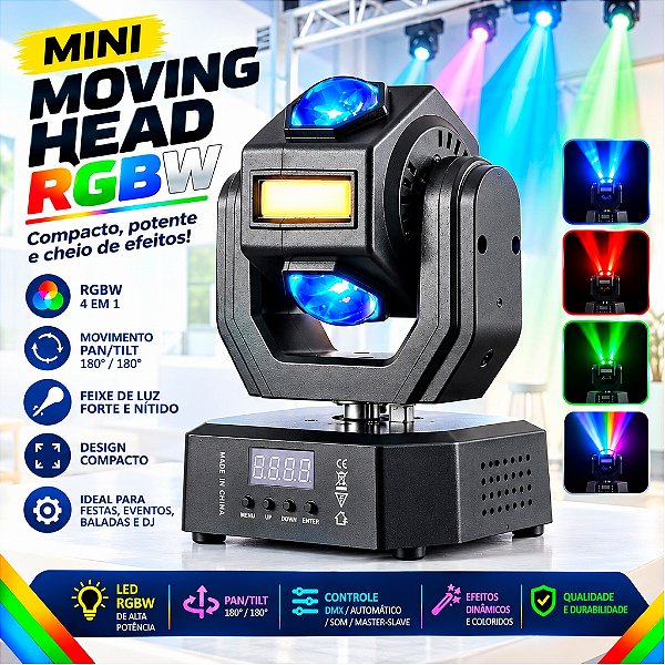 Mini Moving Head Beam 50W RGBW DMX512 Múltiplos Efeitos - 82428