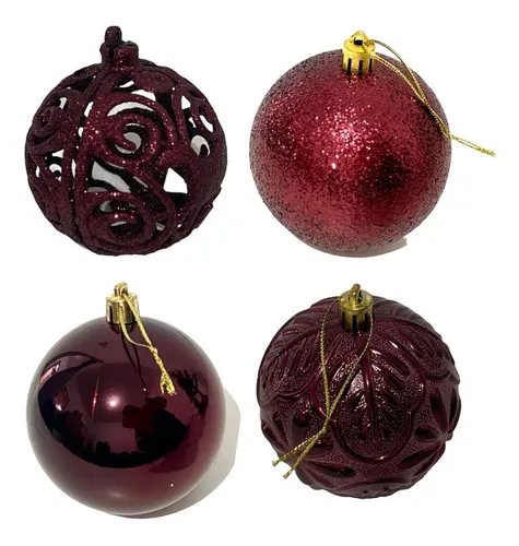 Kit 9 Bola de Natal Textura Folha E Flor Vinho 6Cm