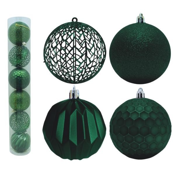 Kit 06 Bolas de Natal Verde Mista 8CM Vazada/Fosca/Glitter/Colmeia/Texturada