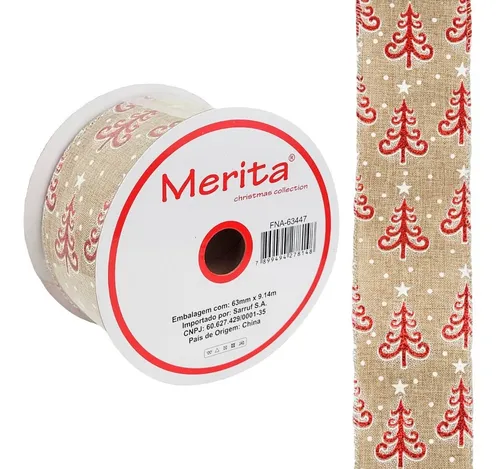 Fita de Natal Aramada Pinheiro Juta Vermelho Natal 9,14m X 6,3cm