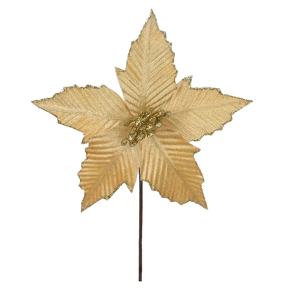Flor Pick Natalino Com Glitter Dourado 20CM