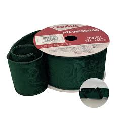 Fita Decorativa de Natal - Arabesco Aveludado Verde - 4,57mx6,3cm