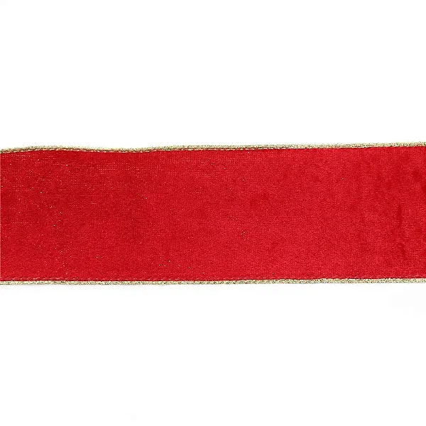 Fita Decorativa de Natal Veludo Vermelha Borda Em Ouro 3,8CM x 4,57M