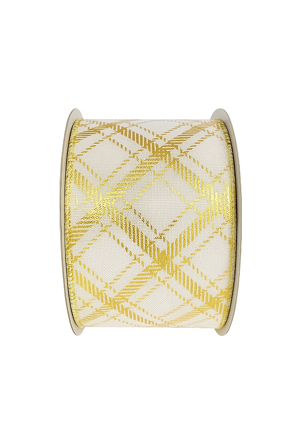 Fita Natalina Ouro/Branco Listras losangulo 6,3CM x 4,57M