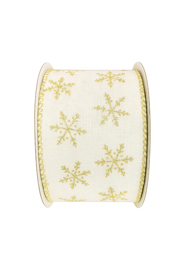 Fita Natalina Ouro/Branco Flocos de Neve 6,3CM x 4,57M