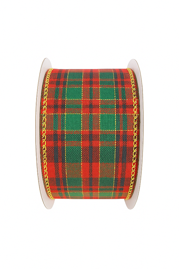 Fita Decorativa de Natal Xadrez Vermelho/Ouro 3,8CM x 4,57M