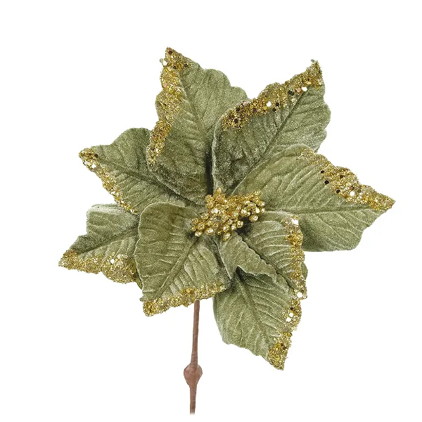 Flor Poinsetia Glitter Verde/Ouro 34CM