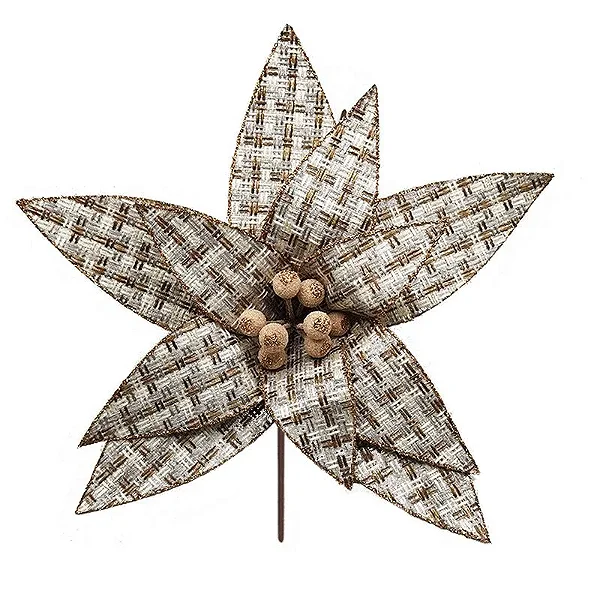 Pick Natalino Flor Poinsettia Xadrez Bege 30cm