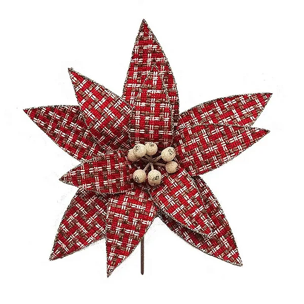 Pick Natalino Flor Poinsettia Xadrez Vermelho 30CM