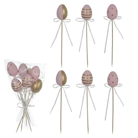 Pick Ovo De Páscoa C/6 Unidades (BRANCO DOURADO) 6CM