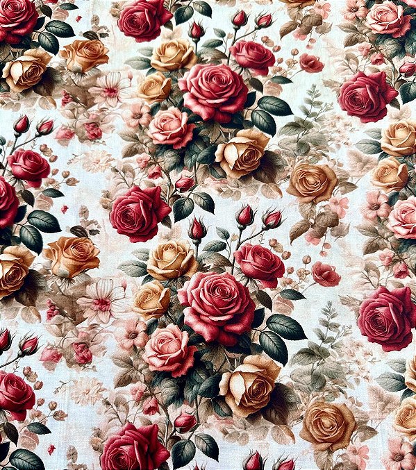 TC017 Tricoline Rosas Fundo Bege