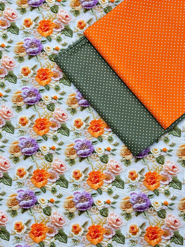Kit TC162 Tricoline floral laranja