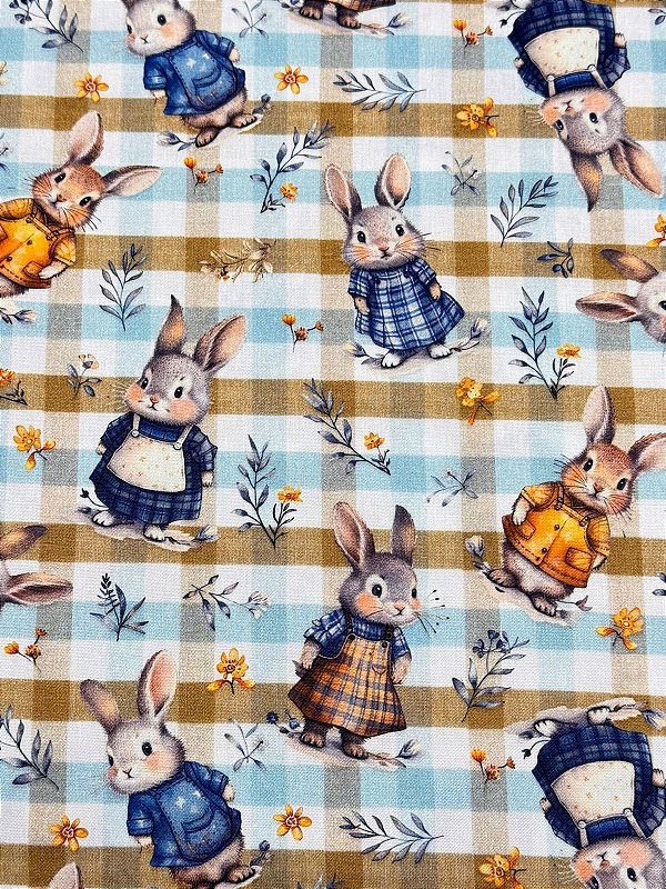 TC191- Tricoline Coelhos e Ramos Xadrez