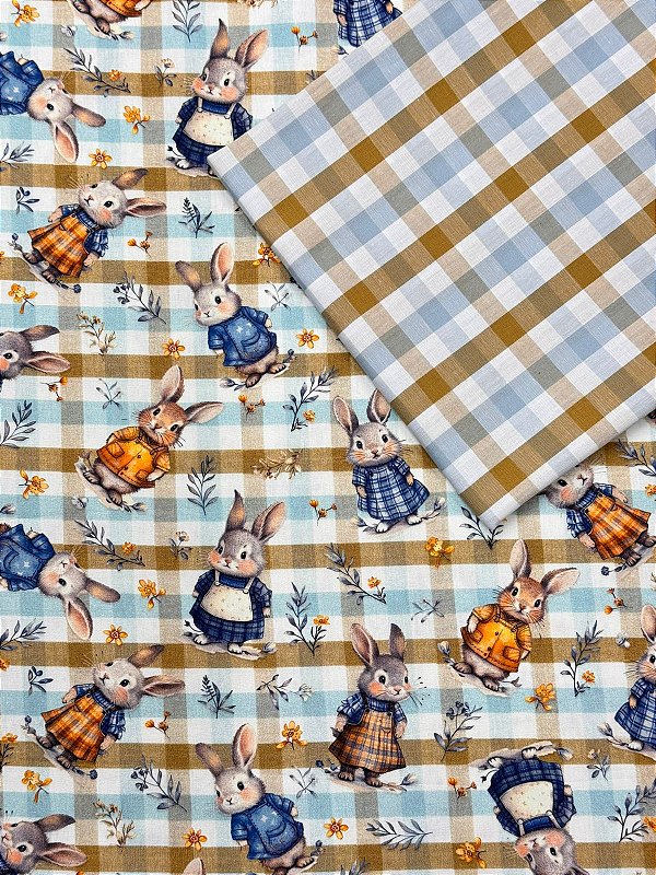 Kit TC191 Tricoline Coelhos e Ramos Xadrez