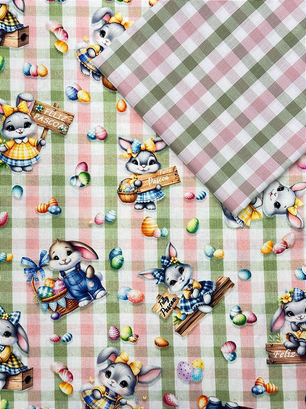 kit TC192 Kit Tricoline Coelhos e Ovos Xadrez