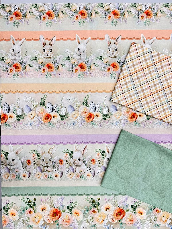 Kit BR390 Barrado Páscoa Floral Aquarela Coelhos