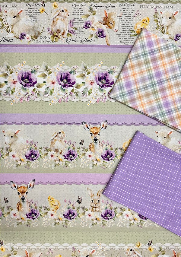 Kit BR386 Barrado Páscoa Agnus Dei + Capa p/ Sousplat Páscoa Agnus Dei Borboleta (3 peças) + Capa p/ Sousplat Páscoa Agnus Dei Coelho (3 peças)