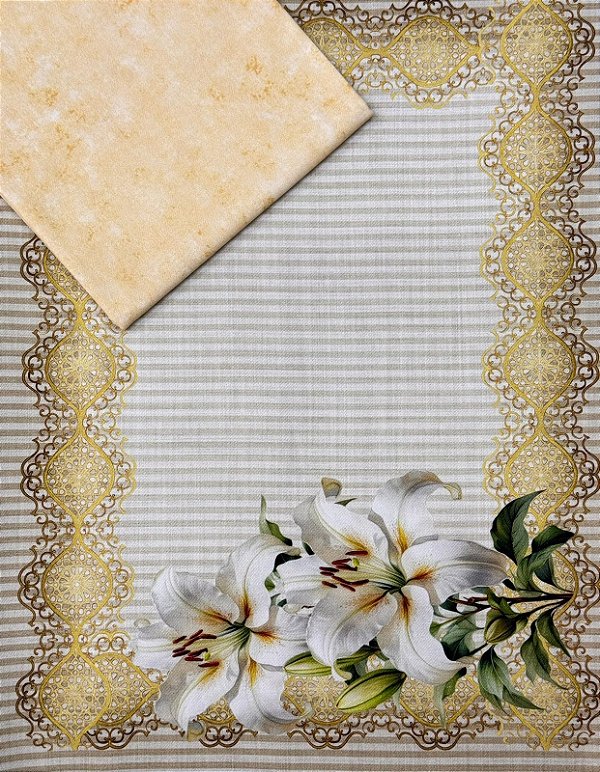 Kit Jogo Americano em Sarja Lírios (4 peças) + 1 faixa de barrado