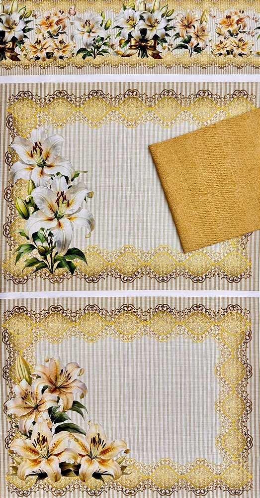 Kit Jogo Americano em Sarja Lírios (4 peças) + 1 faixa de barrado