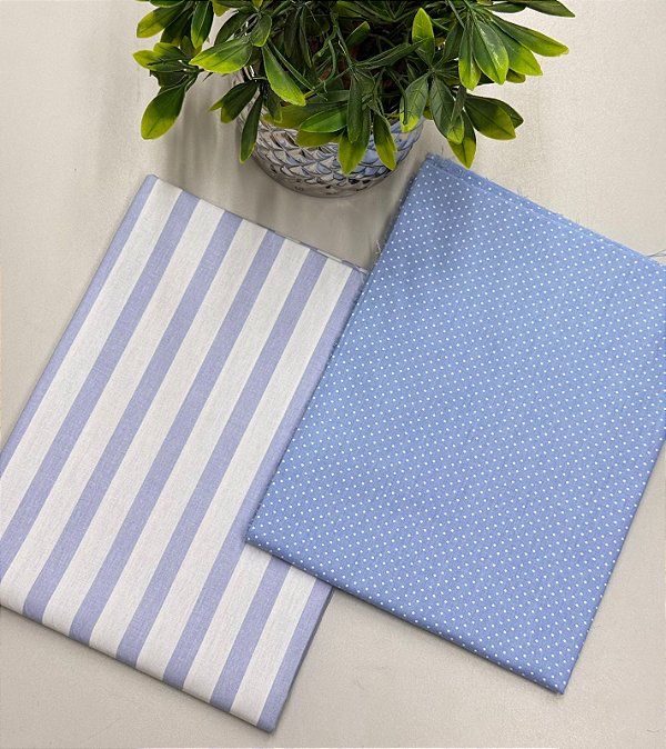 Kit Tricoline Estampada Listrado Smart Azul + Poa 03 Azul + manta