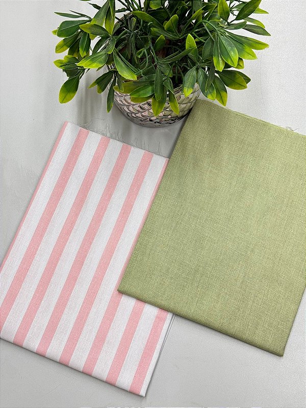 Kit Tricoline Estampada Listrado Smart Rosa+ Efeito Linho Verde Claro + manta