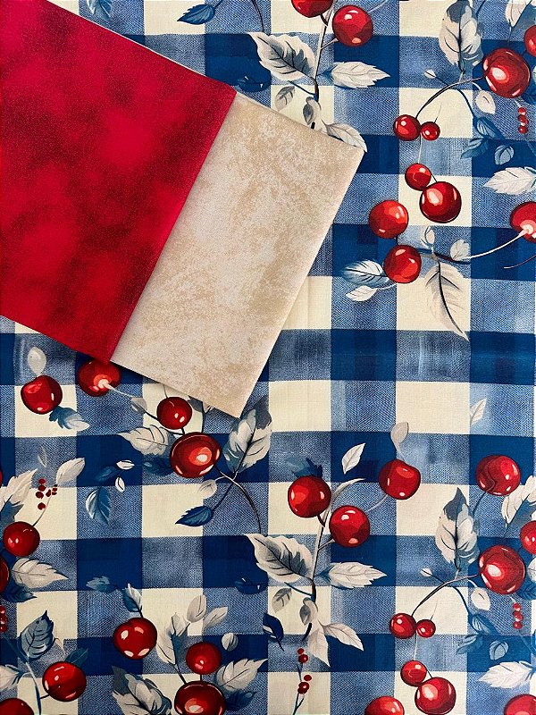 Kit TC213 Tricoline Cerejas Fundo Xadrez