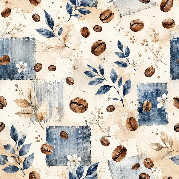 TC342 - Tricoline Coleção Blue Coffee Grãos e Ramos