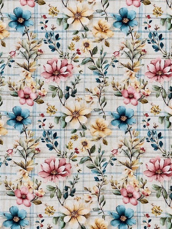 F03 - TC374 Tricoline Pastel Flores no Xadrez