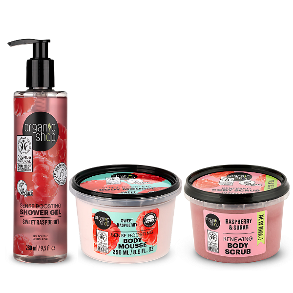 Kit FramboesaMania - Hidratante (250g) + Esfoliante (250g) + Shower Gel (280ml) de Framboesa - Organic Shop