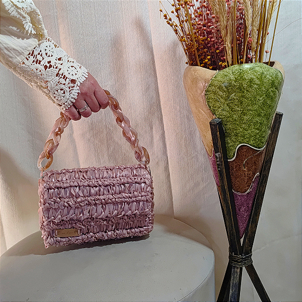 Bolsa Estojo de Cetim com corrente - Rosa Chá