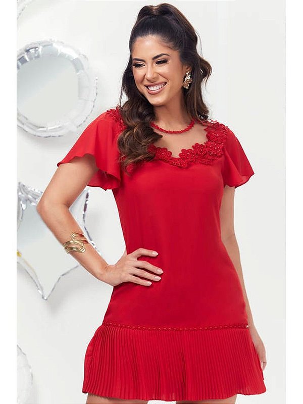 Vestido Com Aplique E Barra Plissada