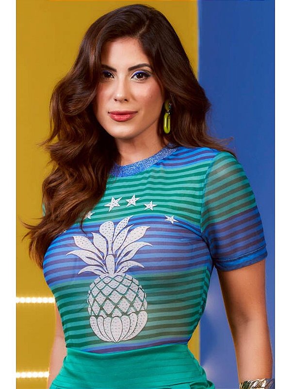 Blusa Listrada De Tule Com Abacaxi