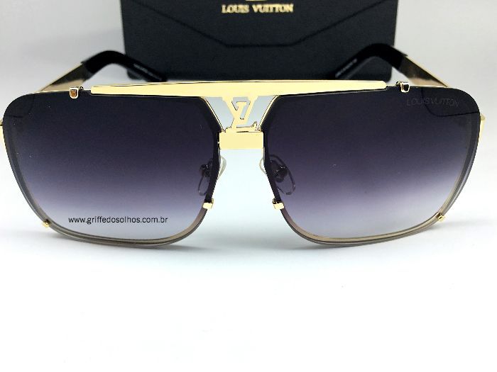 Louis Vuitton Óculos de Sol Masculino - Mascara Lente Preto com Armação Dourada