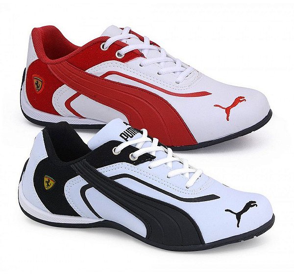 Kit 2 Tênis Puma Ferrari New Branco Vermelho e Branco Preto - Bozzo Shoes