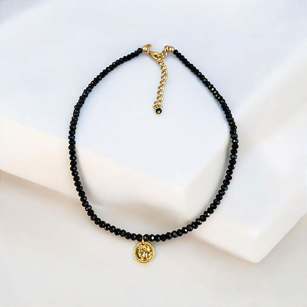 Colar Cristal Preto e Moeda