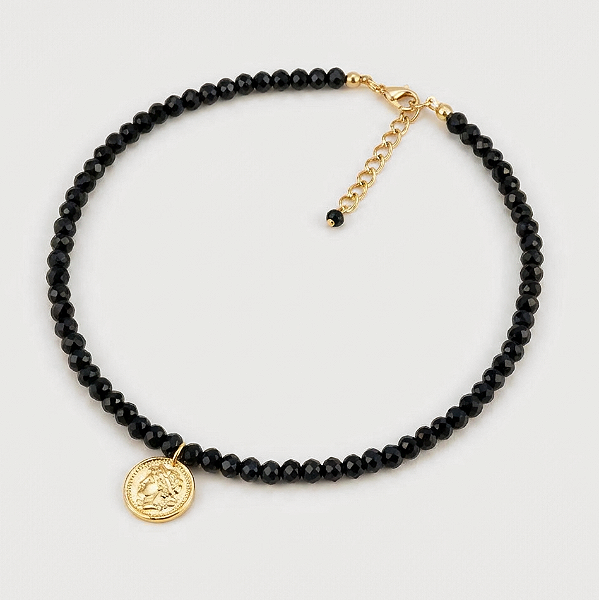 Colar Cristal Preto e Moeda