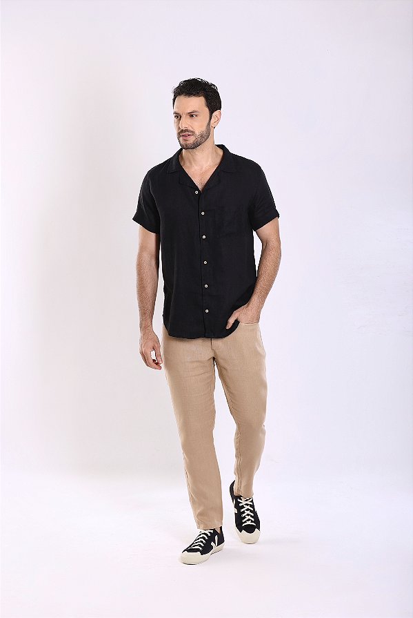 CAMISA PURO LINHO GOLA CUBANA PRETA