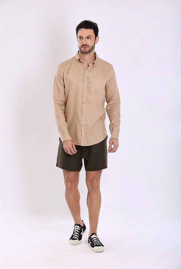 CAMISA PURO LINHO MANGA LONGA CARAMELO