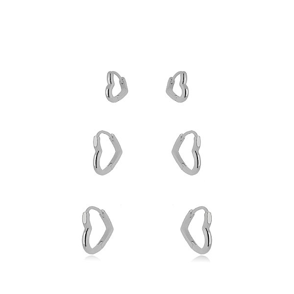 BRINCO SEMIJOIA TRIO ARGOLA CORACAO LISO CONFECCIONADO EM BANHO DE RÓDIO