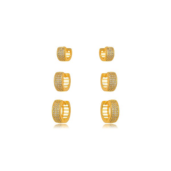 BRINCO SEMIJOIA TRIO ARGOLA MICRO ZIRCONIA CONFECCIONADO EM BANHO DE OURO 18K