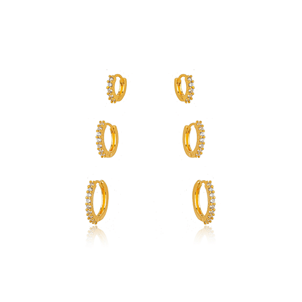 BRINCO SEMIJOIA TRIO MICRO ZIRCONIA CONFECCIONADO EM BANHO DE OURO 18K