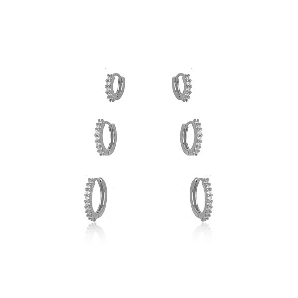 BRINCO SEMIJOIA TRIO MICRO ZIRCONIA CONFECCIONADO EM BANHO DE RÓDIO