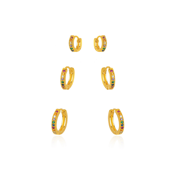 BRINCO SEMIJOIA TRIO ARGOLA MICRO ZIRCONIA COLOR CONFECCIONADO EM BANHO DE OURO 18K